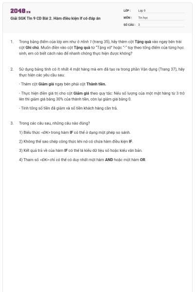Giải SGK Tin 9 CD Bài 2. Hàm điều kiện If có đáp án