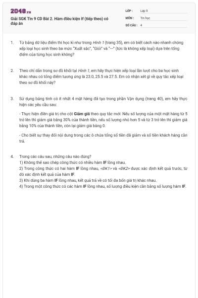 Giải SGK Tin 9 CD Bài 2. Hàm điều kiện If (tiếp theo) có đáp án
