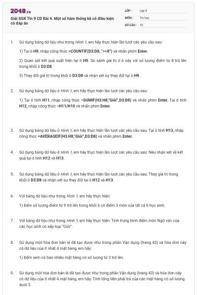 Giải SGK Tin 9 CD Bài 4. Một số hàm thống kê có điều kiện có đáp án