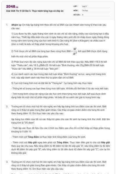 Giải SGK Tin 9 CD Bài 5. Thực hành tổng hợp có đáp án