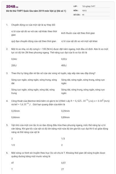 Đề thi thử THPT Quốc Gia năm 2019 môn Vật Lý (Đề số 1)