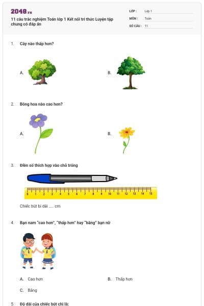 11 câu trắc nghiệm Toán lớp 1 Kết nối tri thức Luyện tập chung có đáp án