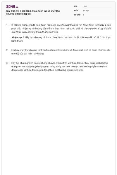 Giải SGK Tin 9 CD Bài 3. Thực hành tạo và chạy thử chương trình có đáp án