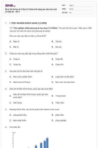 Bộ 6 đề thi học kì 2 Địa lí 6 Chân trời sáng tạo cấu trúc mới có đáp án - Đề 4