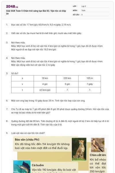 Giải SGK Toán 5 Chân trời sáng tạo Bài 83. Vận tốc có đáp án