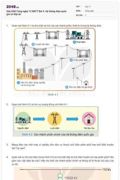Giải SGK Công nghệ 12 KNTT Bài 4. Hệ thống điện quốc gia có đáp án