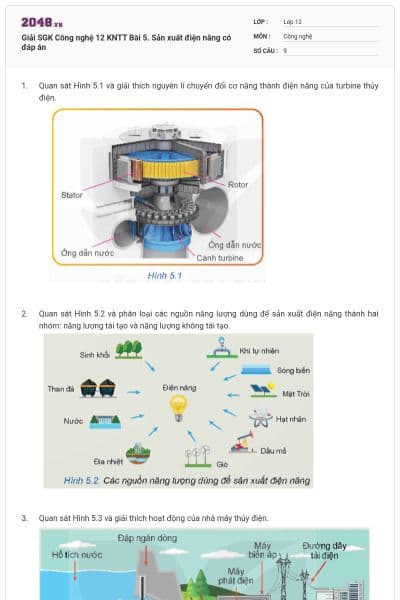 Giải SGK Công nghệ 12 KNTT Bài 5. Sản xuất điện năng có đáp án