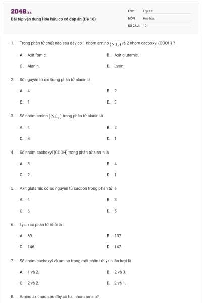 Bài tập vận dụng Hóa hữu cơ có đáp án (Đề 16)