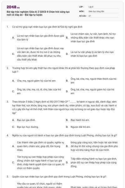 Bài tập trắc nghiệm Giữa kì 2 GDCD 8 Chân trời sáng tạo mới có đáp án - Bài tập tự luyện