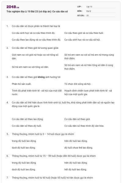 Trắc nghiệm Địa Lí 10 Bài 23 (có đáp án): Cơ cấu dân số