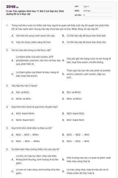 8 câu  Trắc nghiệm Sinh Học 11 Bài 5 (có đáp án): Dinh dưỡng Ni-tơ ở thực vật