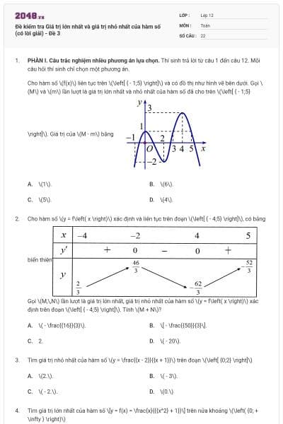 Đề kiểm tra Giá trị lớn nhất và giá trị nhỏ nhất của hàm số (có lời giải) - Đề 3