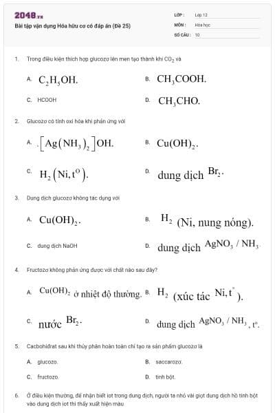 Bài tập vận dụng Hóa hữu cơ có đáp án (Đề 25)