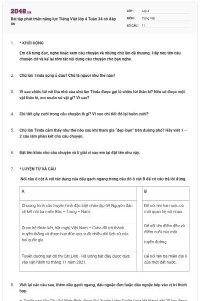 Bài tập phát triển năng lực Tiếng Việt lớp 4 Tuần 34 có đáp án