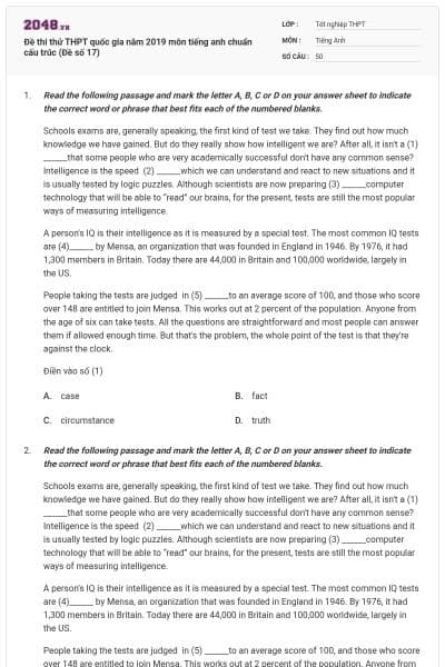 Đề thi thử THPT quốc gia năm 2019 môn tiếng anh chuẩn cấu trúc (Đề số 17)