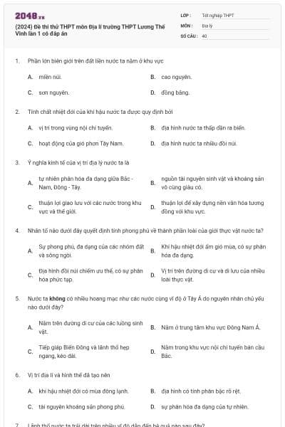 (2024) Đề thi thử THPT môn Địa lí trường THPT Lương Thế Vinh lần 1 có đáp án