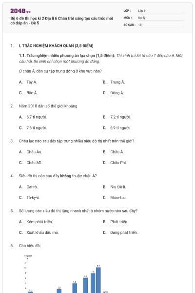 Bộ 6 đề thi học kì 2 Địa lí 6 Chân trời sáng tạo cấu trúc mới có đáp án - Đề 5