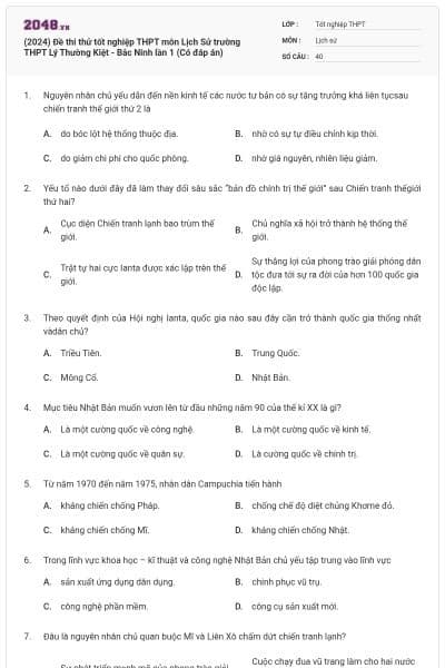 (2024) Đề thi thử tốt nghiệp THPT môn Lịch Sử trường THPT Lý Thường Kiệt - Bắc Ninh lần 1 (Có đáp án)