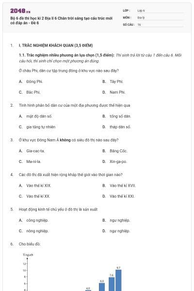 Bộ 6 đề thi học kì 2 Địa lí 6 Chân trời sáng tạo cấu trúc mới có đáp án - Đề 6