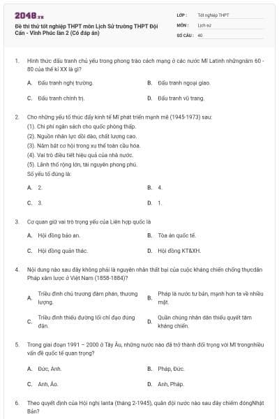 Đề thi thử tốt nghiệp THPT môn Lịch Sử trường THPT Đội Cấn - Vĩnh Phúc lần 2 (Có đáp án)