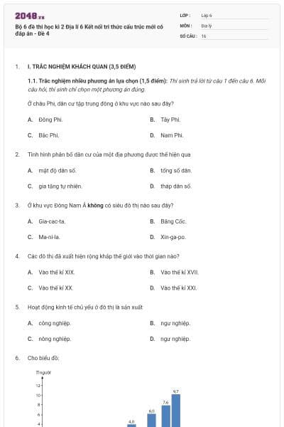 Bộ 6 đề thi học kì 2 Địa lí 6 Kết nối tri thức cấu trúc mới có đáp án - Đề 4