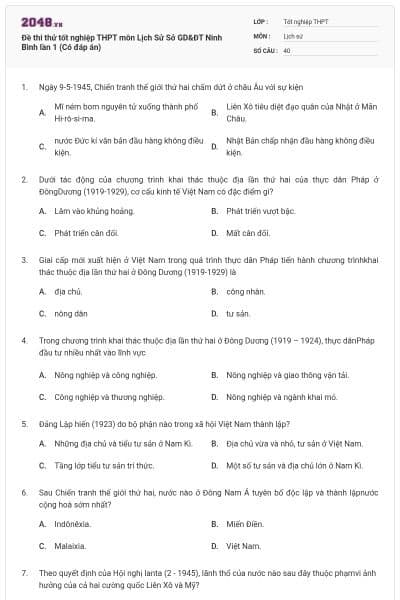 Đề thi thử tốt nghiệp THPT môn Lịch Sử Sở GD&ĐT Ninh Bình lần 1 (Có đáp án)