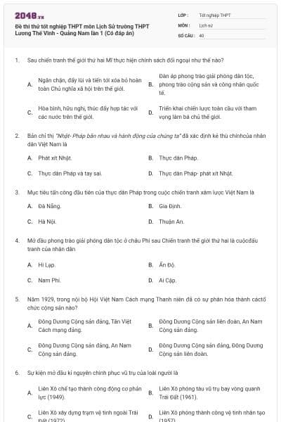 Đề thi thử tốt nghiệp THPT môn Lịch Sử trường THPT Lương Thế Vinh - Quảng Nam lần 1 (Có đáp án)