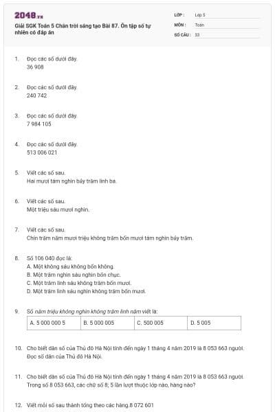 Giải SGK Toán 5 Chân trời sáng tạo Bài 87. Ôn tập số tự nhiên có đáp án
