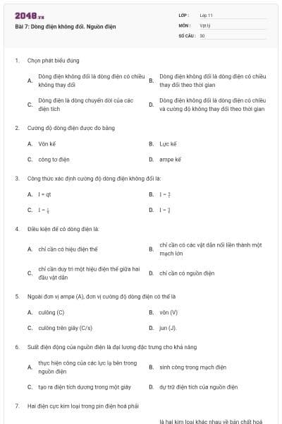 Bài 7: Dòng điện không đổi. Nguồn điện