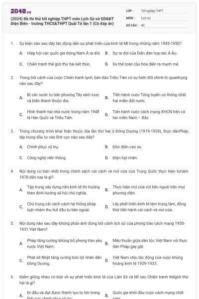(2024) Đề thi thử tốt nghiệp THPT môn Lịch Sử sở GD&ĐT Điện Biên - trường THCS&THPT Quài Tở lần 1 (Có đáp án)