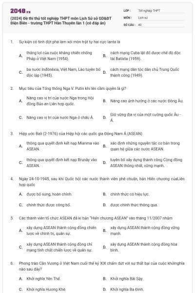 (2024) Đề thi thử tốt nghiệp THPT môn Lịch Sử sở GD&ĐT Điện Biên - trường THPT Hàn Thuyên lần 1 (có đáp án)