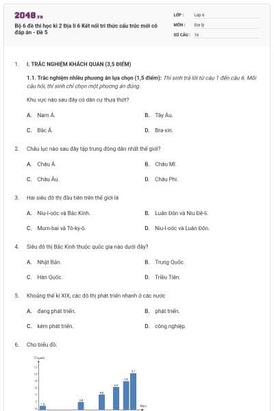Bộ 6 đề thi học kì 2 Địa lí 6 Kết nối tri thức cấu trúc mới có đáp án - Đề 5