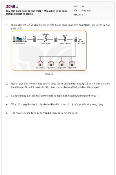 Giải SGK Công nghệ 12 KNTT Bài 7. Mạng điện hạ áp dùng trong sinh hoạt có đáp án