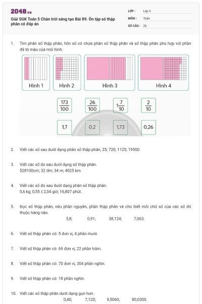 Giải SGK Toán 5 Chân trời sáng tạo Bài 89. Ôn tập số thập phân có đáp án
