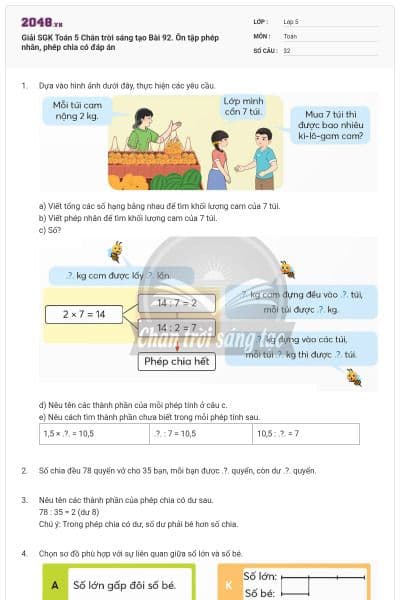 Giải SGK Toán 5 Chân trời sáng tạo Bài 92. Ôn tập phép nhân, phép chia có đáp án