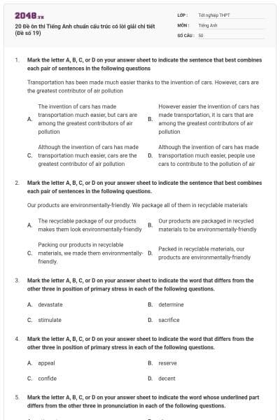 20 Đề ôn thi Tiếng Anh chuẩn cấu trúc có lời giải chi tiết (Đề số 19)