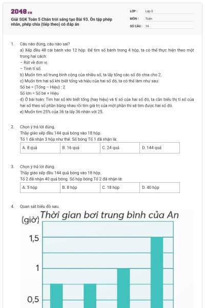 Giải SGK Toán 5 Chân trời sáng tạo Bài 93. Ôn tập phép nhân, phép chia (tiếp theo) có đáp án