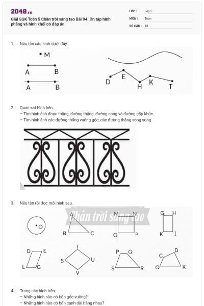 Giải SGK Toán 5 Chân trời sáng tạo Bài 94. Ôn tập hình phẳng và hình khối có đáp án