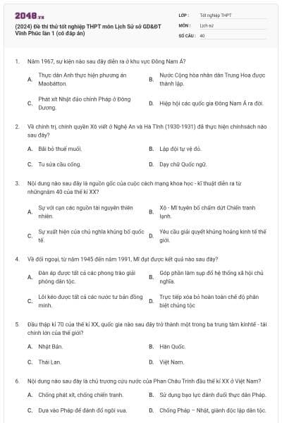 (2024) Đề thi thử tốt nghiệp THPT môn Lịch Sử sở GD&ĐT Vĩnh Phúc lần 1 (có đáp án)