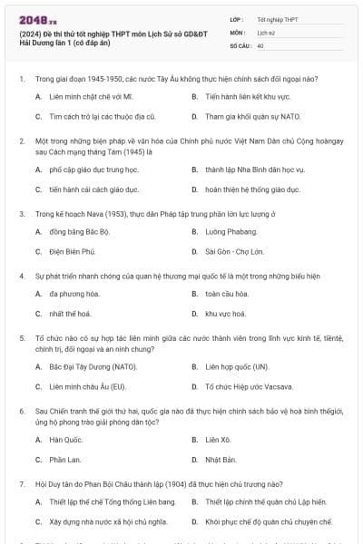(2024) Đề thi thử tốt nghiệp THPT môn Lịch Sử sở GD&ĐT Hải Dương lần 1 (có đáp án)