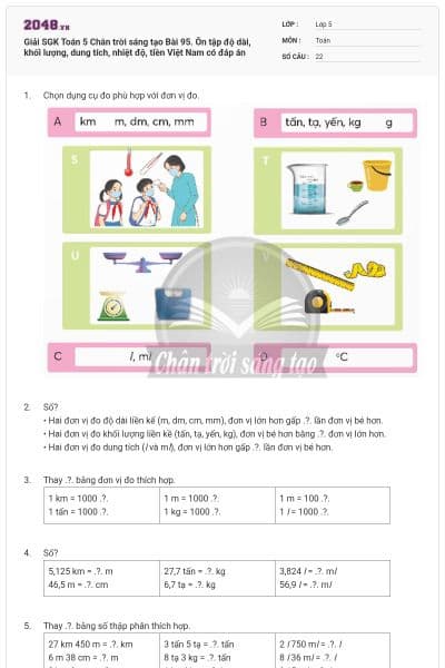 Giải SGK Toán 5 Chân trời sáng tạo Bài 95. Ôn tập độ dài, khối lượng, dung tích, nhiệt độ, tiền Việt Nam có đáp án
