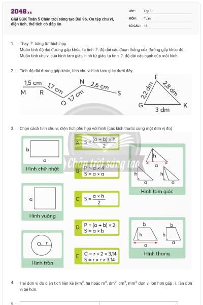 Giải SGK Toán 5 Chân trời sáng tạo Bài 96. Ôn tập chu vi, diện tích, thể tích có đáp án