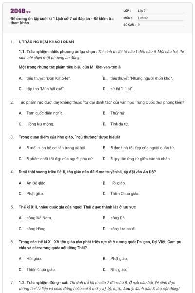 Đề cương ôn tập cuối kì 1 Lịch sử 7 có đáp án - Đề kiểm tra tham khảo