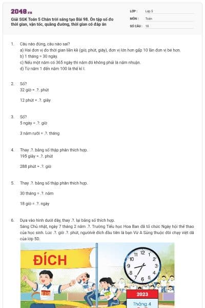 Giải SGK Toán 5 Chân trời sáng tạo Bài 98. Ôn tập số đo thời gian, vận tốc, quãng đường, thời gian có đáp án