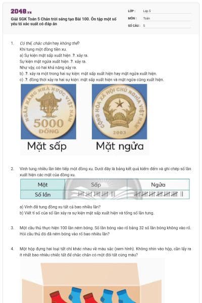 Giải SGK Toán 5 Chân trời sáng tạo Bài 100. Ôn tập một số yếu tố xác suất có đáp án