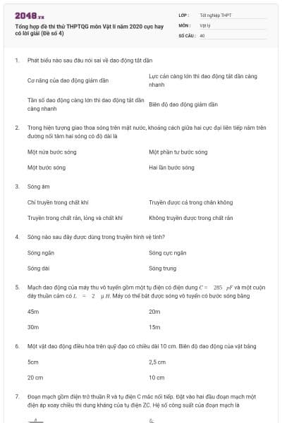 Tổng hợp đề thi thử THPTQG môn Vật lí năm 2020 cực hay có lời giải (Đề số 4)