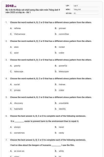 Bộ 3 đề thi Khảo sát chất lượng đầu năm môn Tiếng Anh 9 năm 2025 có đáp án - Đề 1