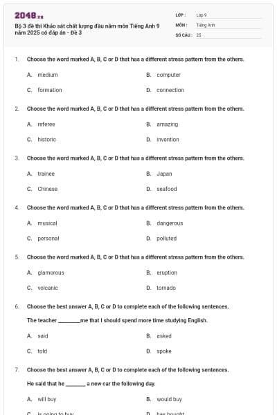 Bộ 3 đề thi Khảo sát chất lượng đầu năm môn Tiếng Anh 9 năm 2025 có đáp án - Đề 3