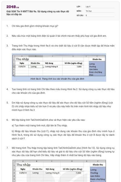 Giải SGK Tin 9 KNTT Bài 9a. Sử dụng công cụ xác thực dữ liệu có đáp án