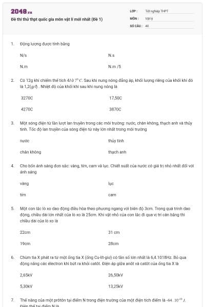 Đề thi thử thpt quốc gia môn vật lí mới nhất (Đề 1)